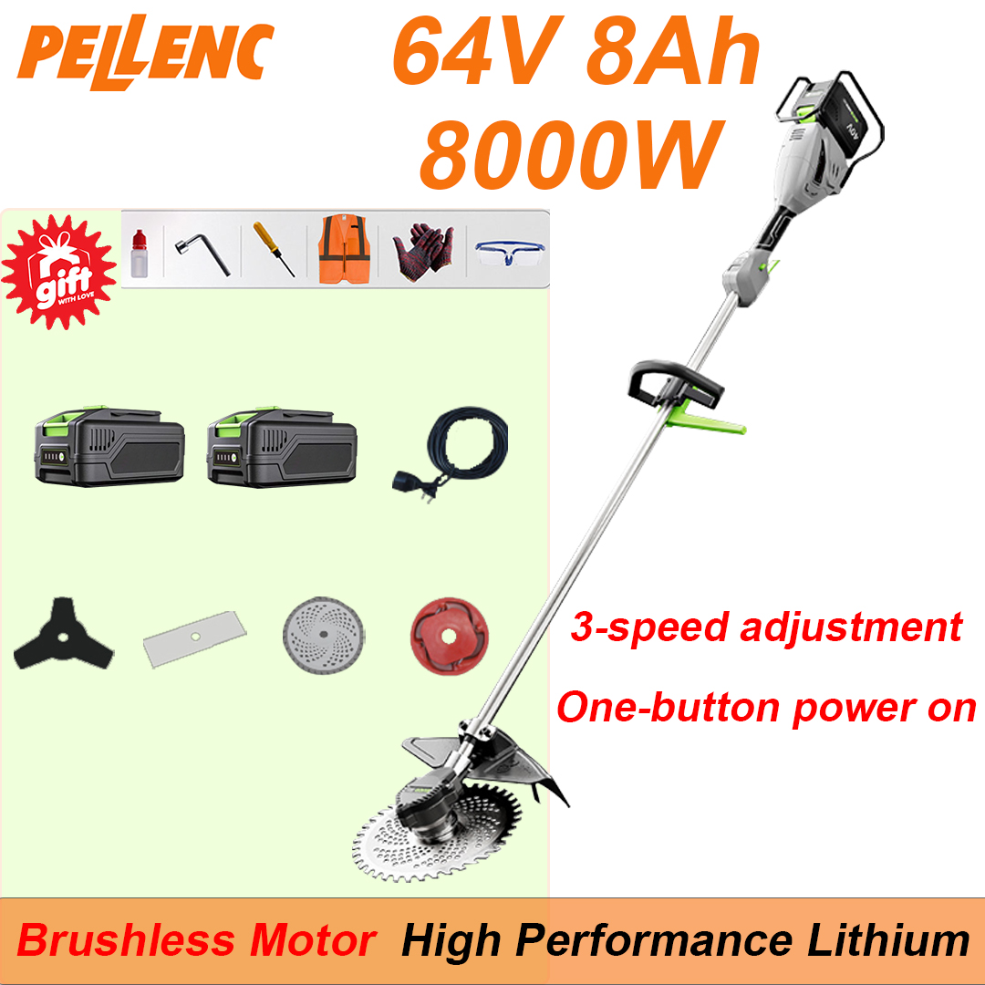 Batería de litio de 64 V 8 Ah*2, cabezal funcional reemplazable*4, cargador rápido*1, bolsa de herramientas*1, manual de instrucciones*1 8000W de alta potencia, función de conmutación de tres velocidades añadida, arranque con un solo botón Un solo botón, puede funcionar continuamente durante 14 horas. , cinco años de garantía.