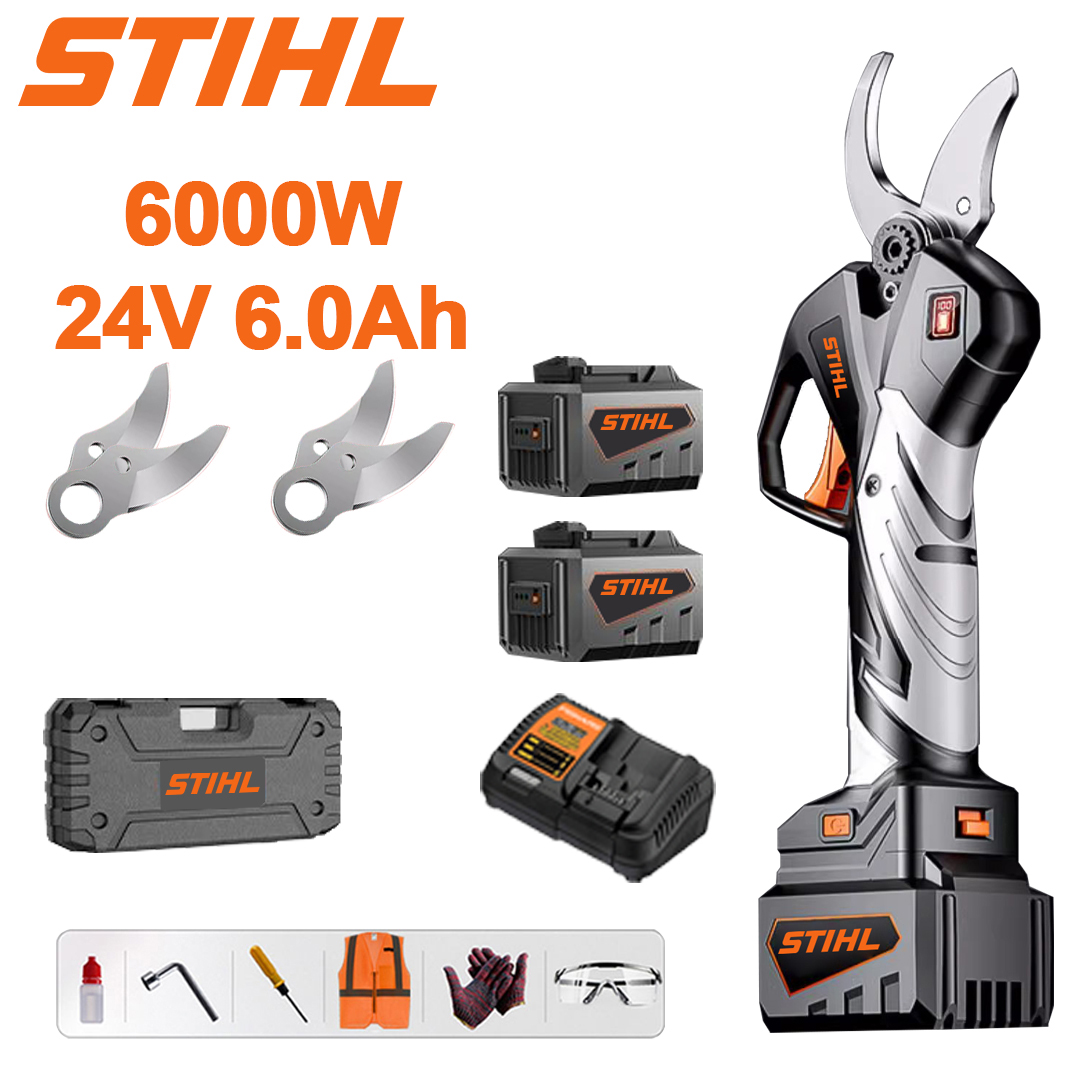 Wyświetlacz LED mocy - (10 godzin pracy baterii) 6000 W bezszczotkowy silnik litowy sekator + 2 baterie 24 V 6,0 Ah + ładowarka + ostrza ze stopu SK9 * 2 + paski do szklenia * 1 + skrzynka narzędziowa + olej smarujący + okulary ochronne, 10 lat gwarancji