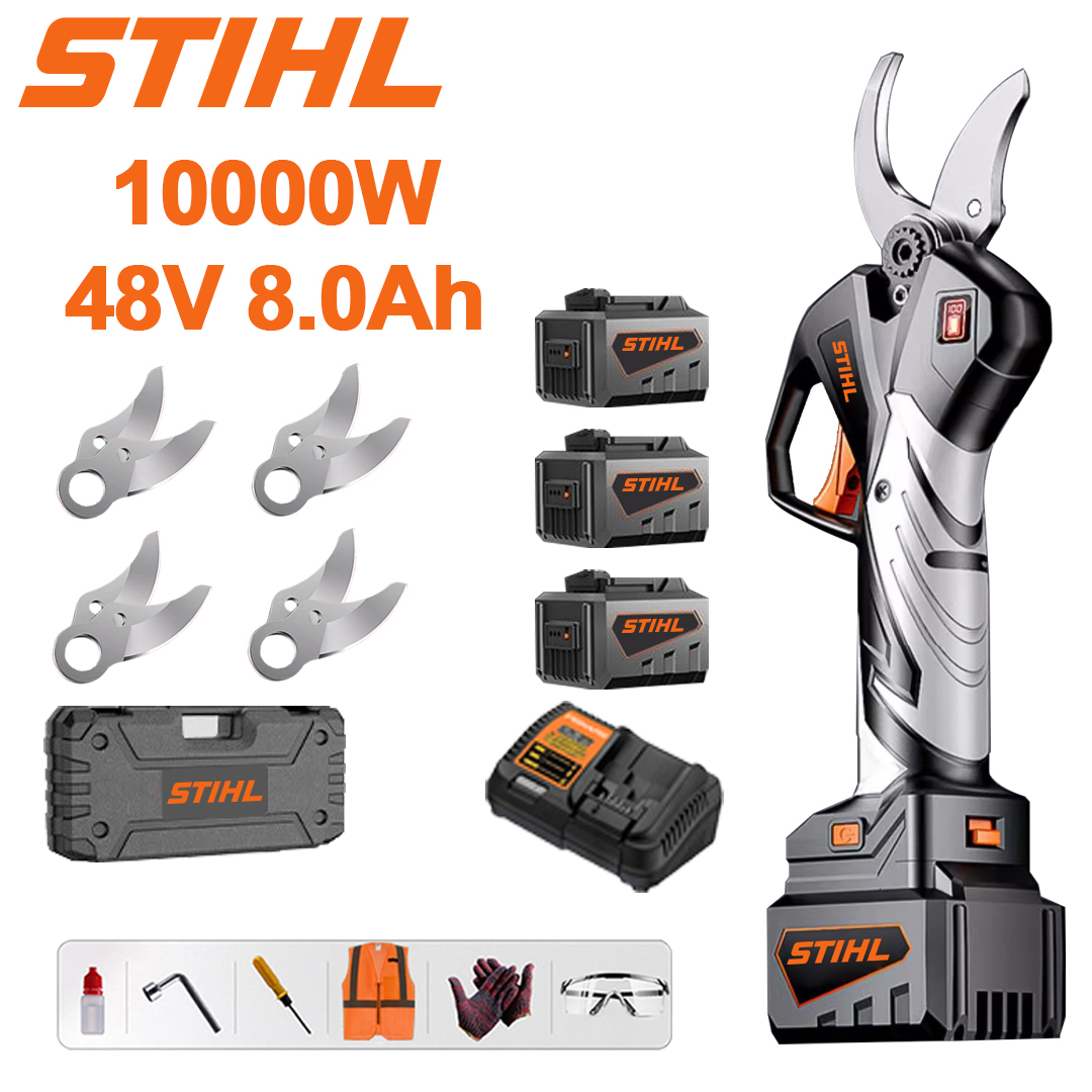 Wyświetlacz LED mocy - (czas pracy baterii 24 godziny) 10000 W bezszczotkowy silnik, akumulator litowo-jonowy, sekator do przycinania + 3 akumulatory 48 V 8,0 Ah + ładowarka + ostrza ze stopu SK9 * 4 + paski do szklenia * 1 + skrzynka narzędziowa + olej smarujący + okulary ochronne, 10 lat gwarancji